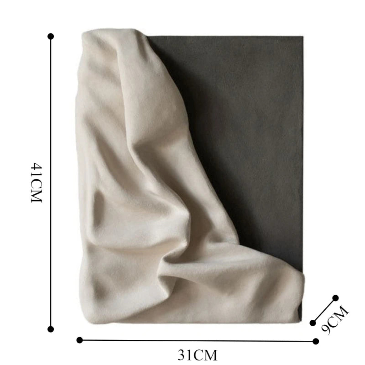 Dimension chart for 3D draped cream fabric resin wall sculpture on a charcoal grey panel showing 31cm wide by 41cm tall by 9cm deep — LivDecor