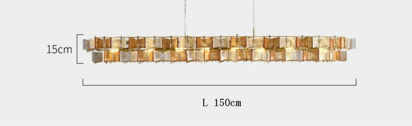 Amber and clear glass iron linear chandelier 150cm wide with gold ceiling mount and adjustable 180cm hanging cord shown with dimensions — LivDecor