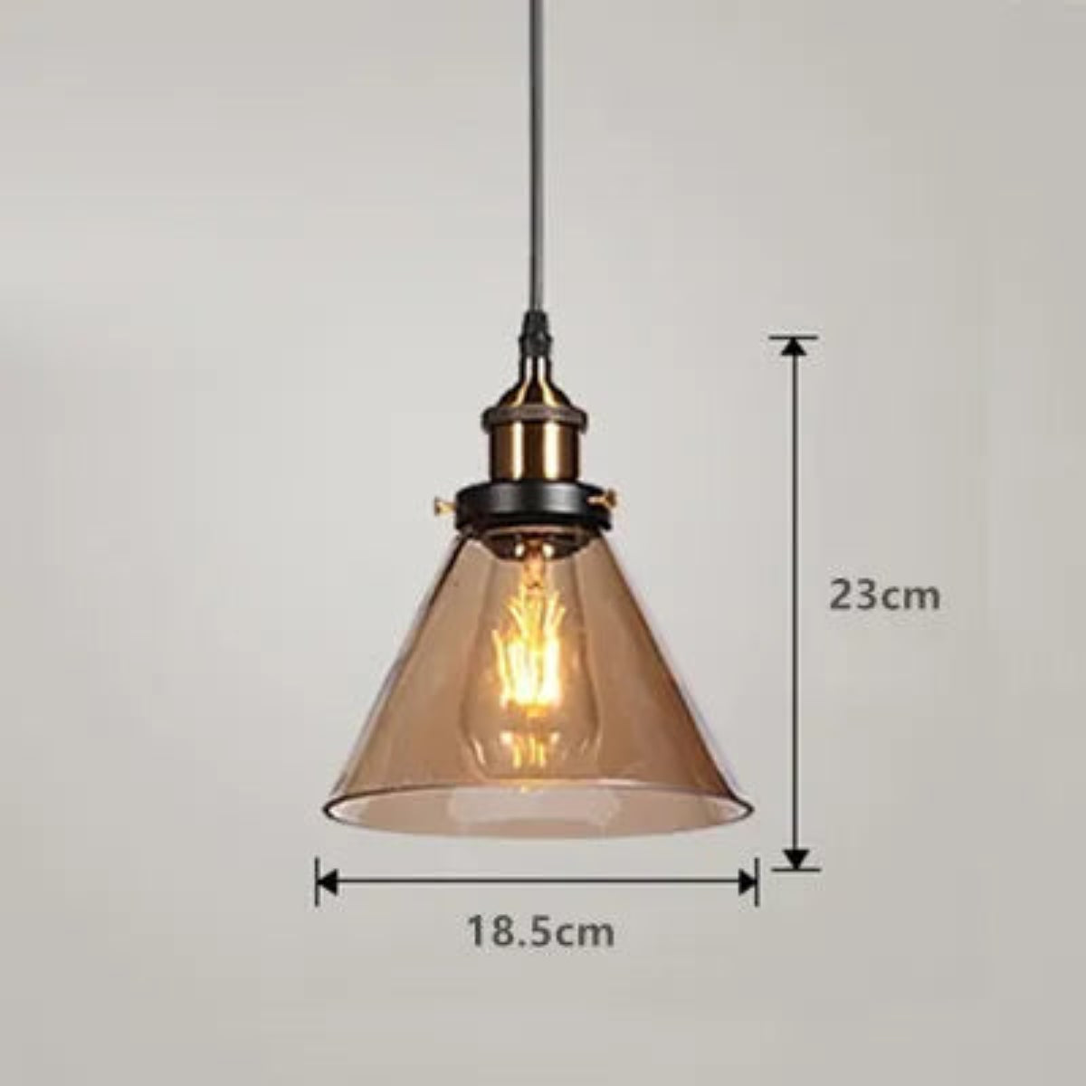 Single amber glass cone pendant light with antique brass socket and Edison filament bulb on black cord, 18.5cm diameter and 23cm height — LivDecor