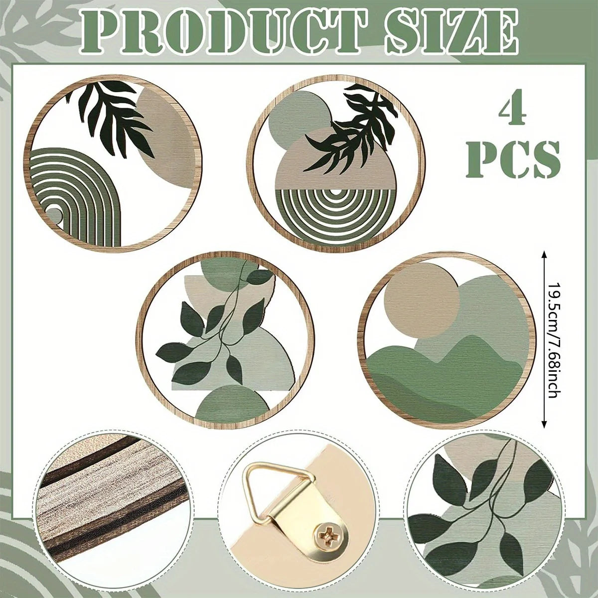 Product size infographic for 4-piece boho mid-century modern round wooden wall art set showing 19.5cm/7.68in diameter with close-ups of wood grain texture, gold D-ring hanging hardware, and sage green leaf print detail — LivDecor