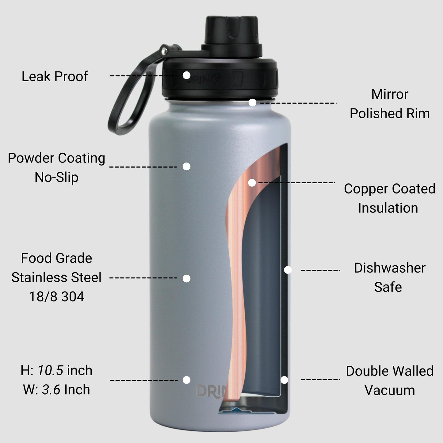 DRINCO® 32 oz. Insulated Stainless Steel Water Bottle — Asphalt Gray