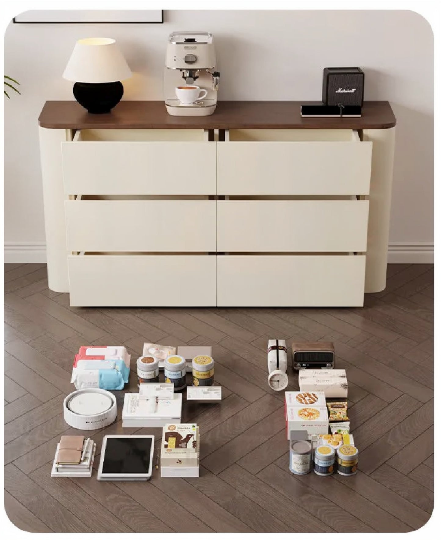 Nordic Elegance cream six-drawer credenza with drawers open beside an array of household items on the floor demonstrating its storage capacity — LivDecor