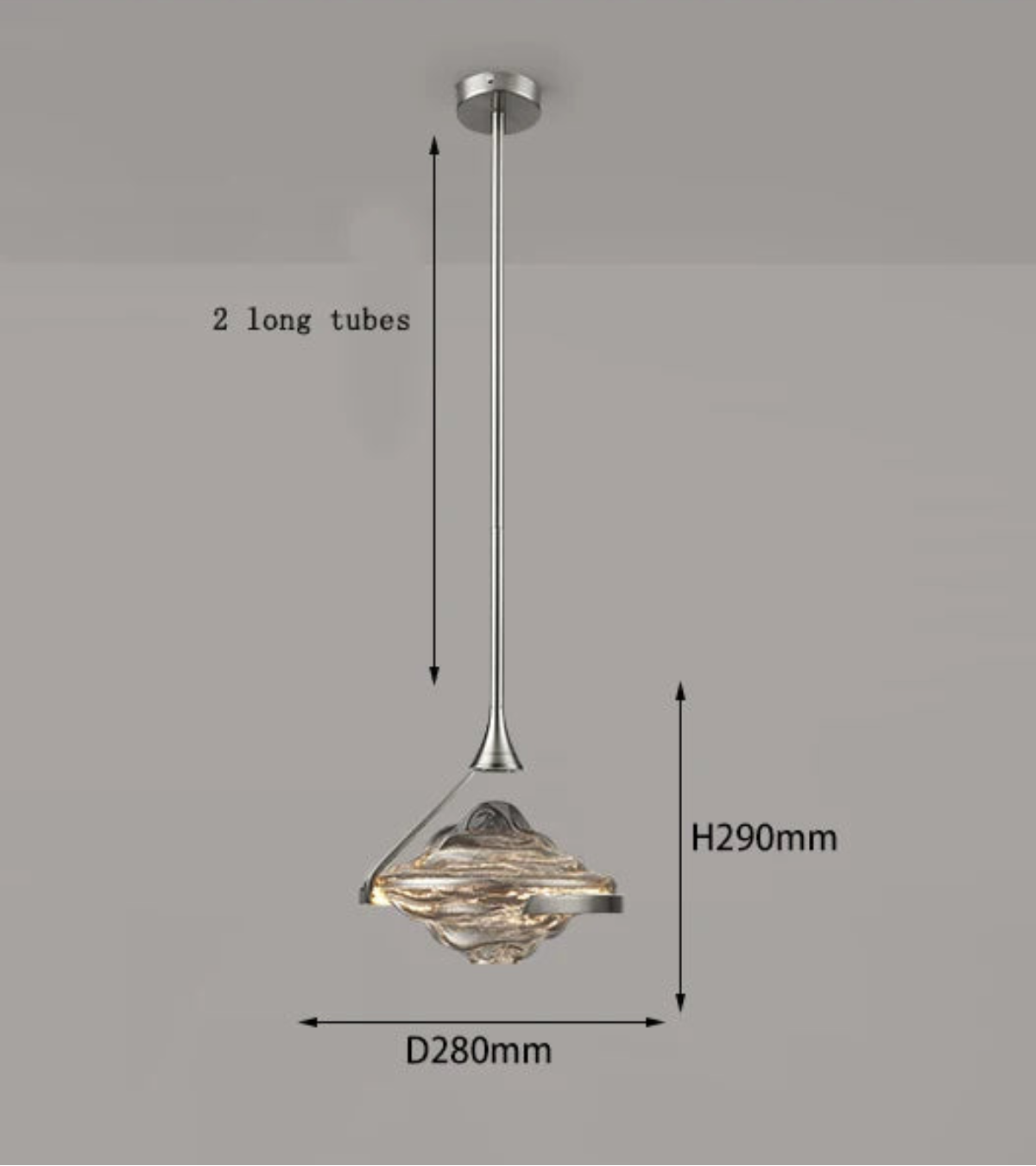 Dimension diagram of a single smoke wave glass geometric pendant light on a chrome stem with round ceiling canopy showing 280mm width and 290mm height — LivDecor