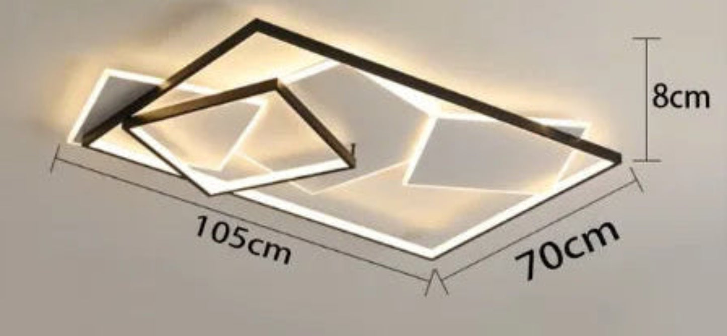 Dimension diagram of the Strata Linear geometric LED chandelier in black showing 105cm length, 70cm width, and 8cm height measurements on a grey background — LivDecor