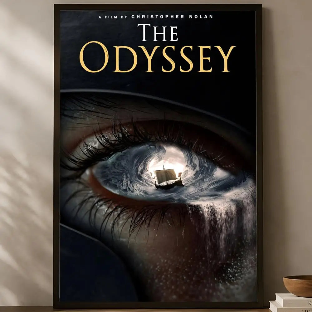 The Odyssey Christopher Nolan cinematic Greek ship reflected in giant eye with swirling ocean waves gold serif title black background poster displayed on a warm natural light shelf — LivDecor