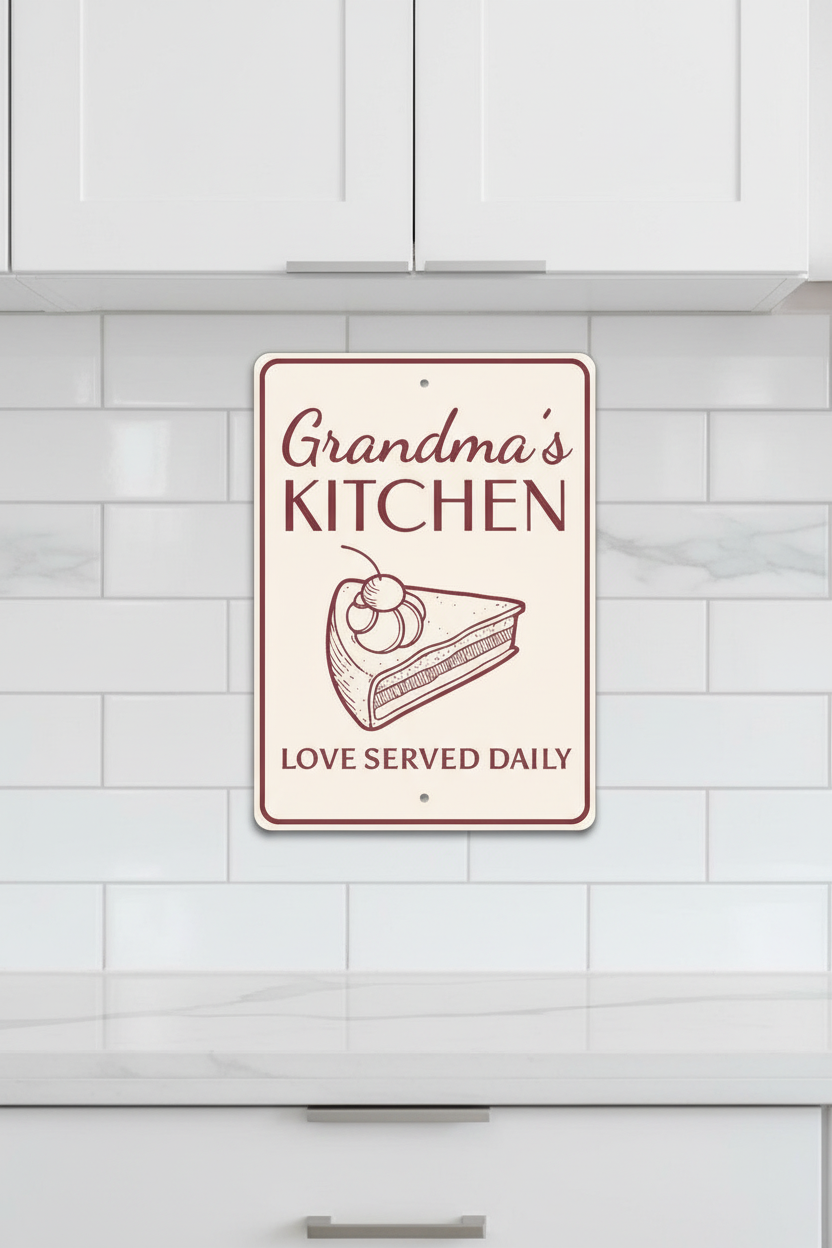 "Grandma's Kitchen — Love Served Daily" Aluminum Wall Sign | Made in USA