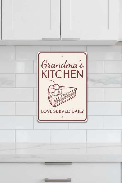 "Grandma's Kitchen — Love Served Daily" Aluminum Wall Sign | Made in USA