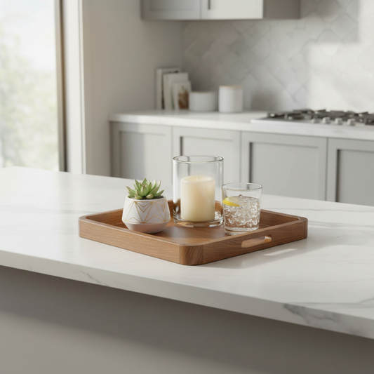 Square Acacia Wood Serving Tray — 14 in. x 14 in. with Cut-Out Handles