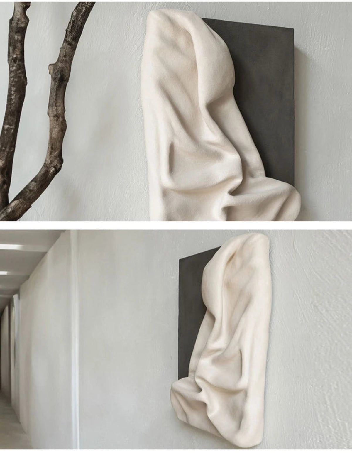 Two lifestyle shots of 3D draped cream resin wall sculpture on charcoal panel — top styled with a sculptural bare branch, bottom displayed in a bright minimalist hallway — LivDecor
