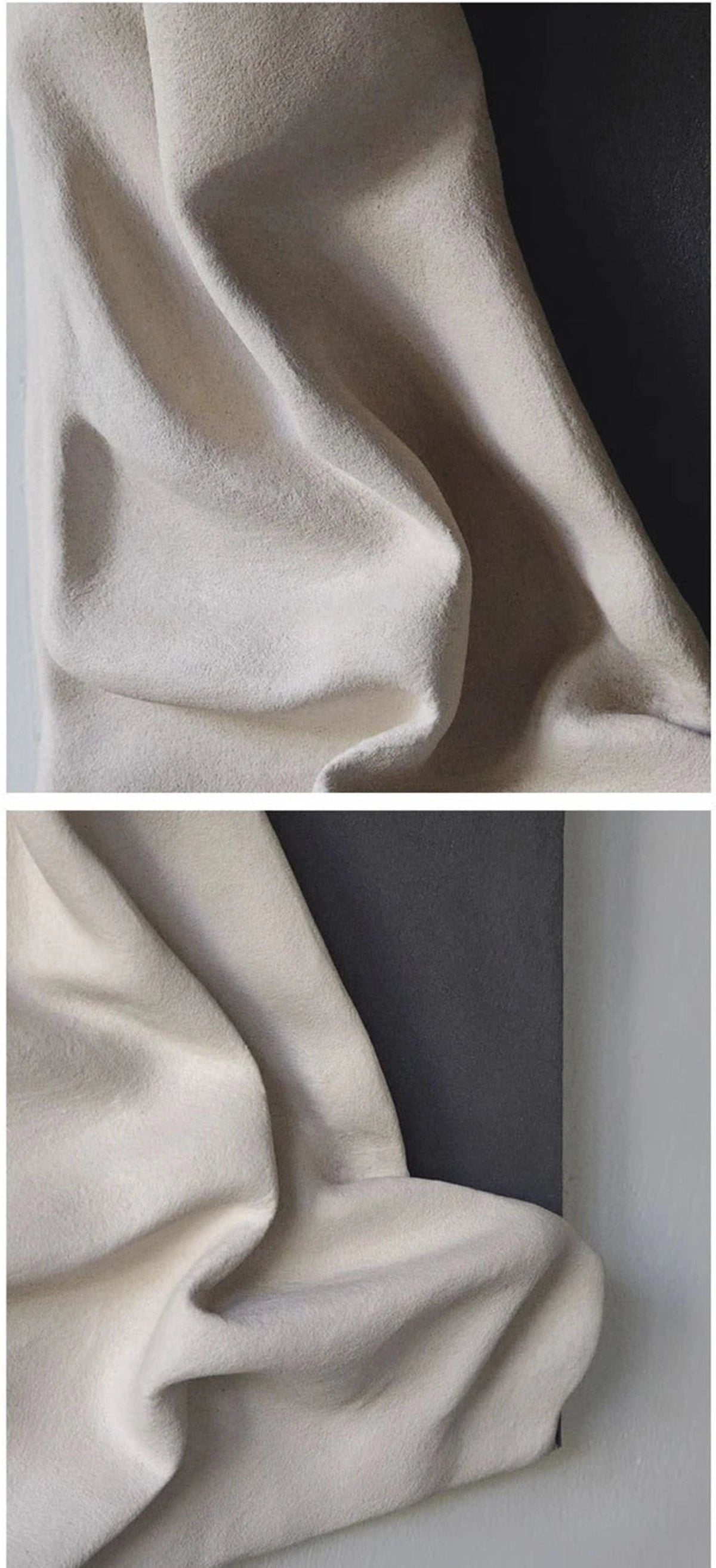 Close-up detail shots of 3D draped cream resin wall sculpture showing the realistic fabric fold texture and depth of the sculptural surface — LivDecor