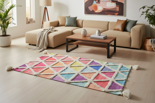 Handmade Cotton Accent Rug — Rainbow Diamond Pattern with Corner Tassels | 2 ft. x 3.75 ft.