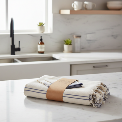 Sustainable Kayseri Tablecloth & Napkin Set — French Stripe | Navy Blue