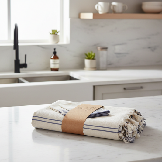 Sustainable Kayseri Tablecloth & Napkin Set — French Stripe | Navy Blue