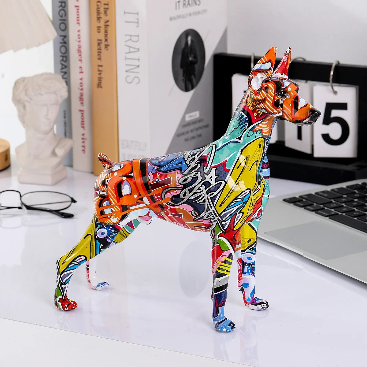 Painted Resin Doberman Sculpture