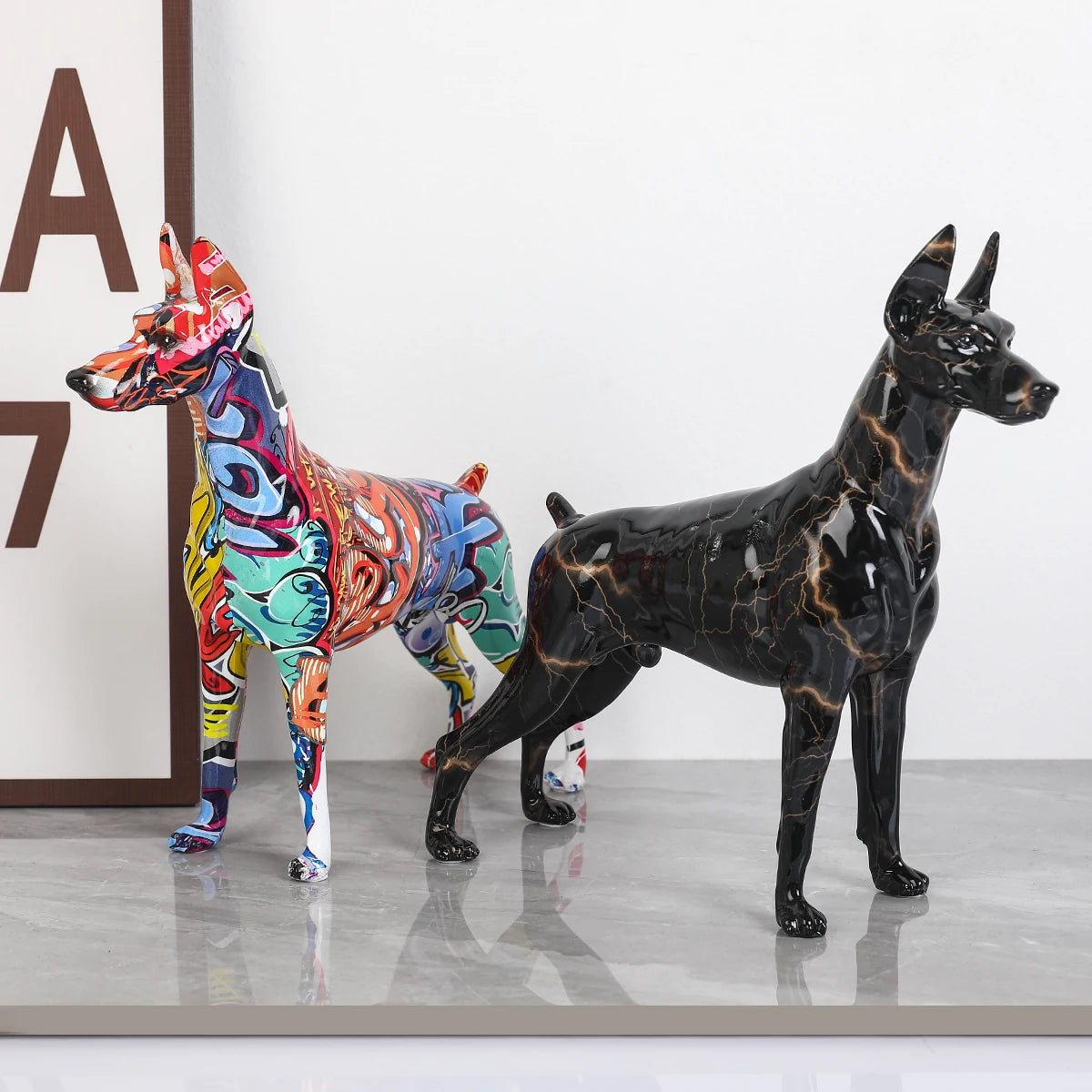 Painted Resin Doberman Sculpture