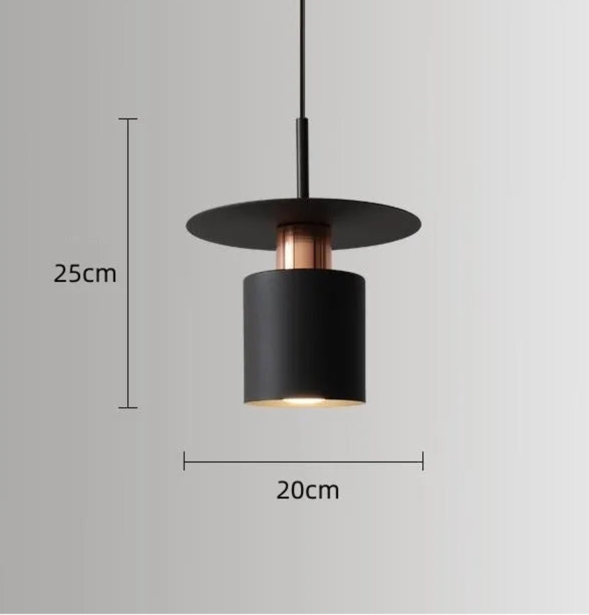 Aero Slim cylinder pendant light in matte black with wide flat disc shade and copper accent collar showing dimensions 25cm height by 20cm diameter on a neutral grey background — LivDecor
