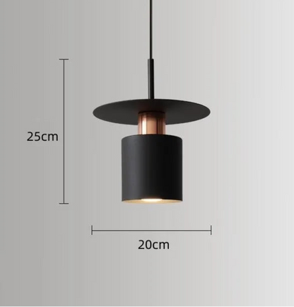 Aero Slim cylinder pendant light in matte black with wide flat disc shade and copper accent collar showing dimensions 25cm height by 20cm diameter on a neutral grey background — LivDecor
