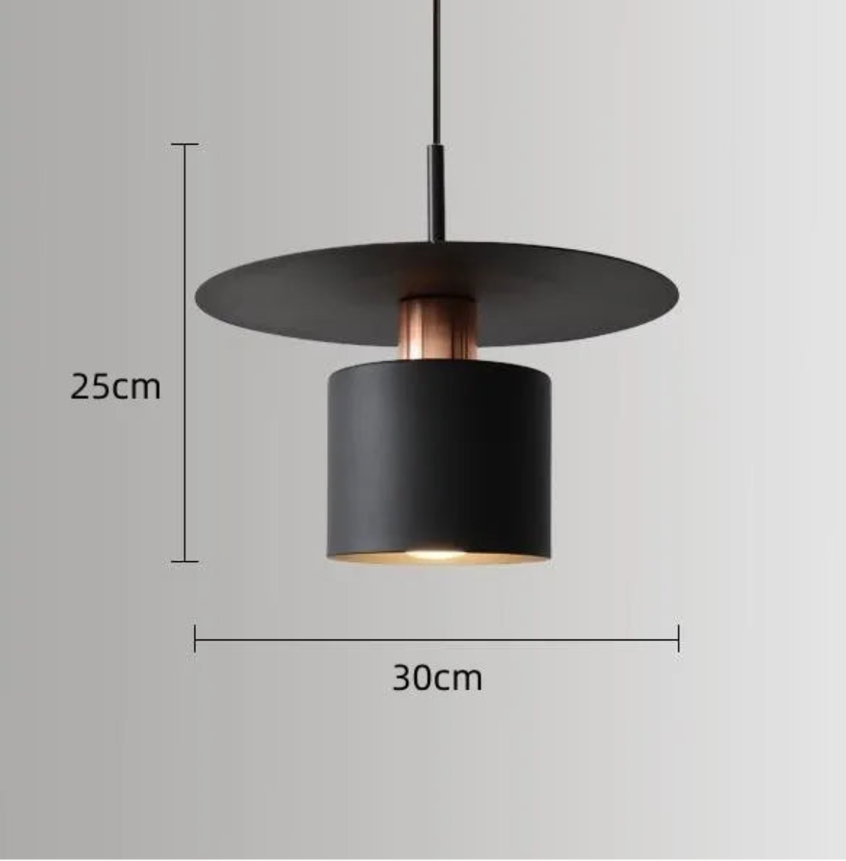 Aero Slim cylinder pendant light in matte black with wide flat disc shade and copper accent collar showing dimensions 25cm height by 30cm diameter on a neutral grey background — LivDecor
