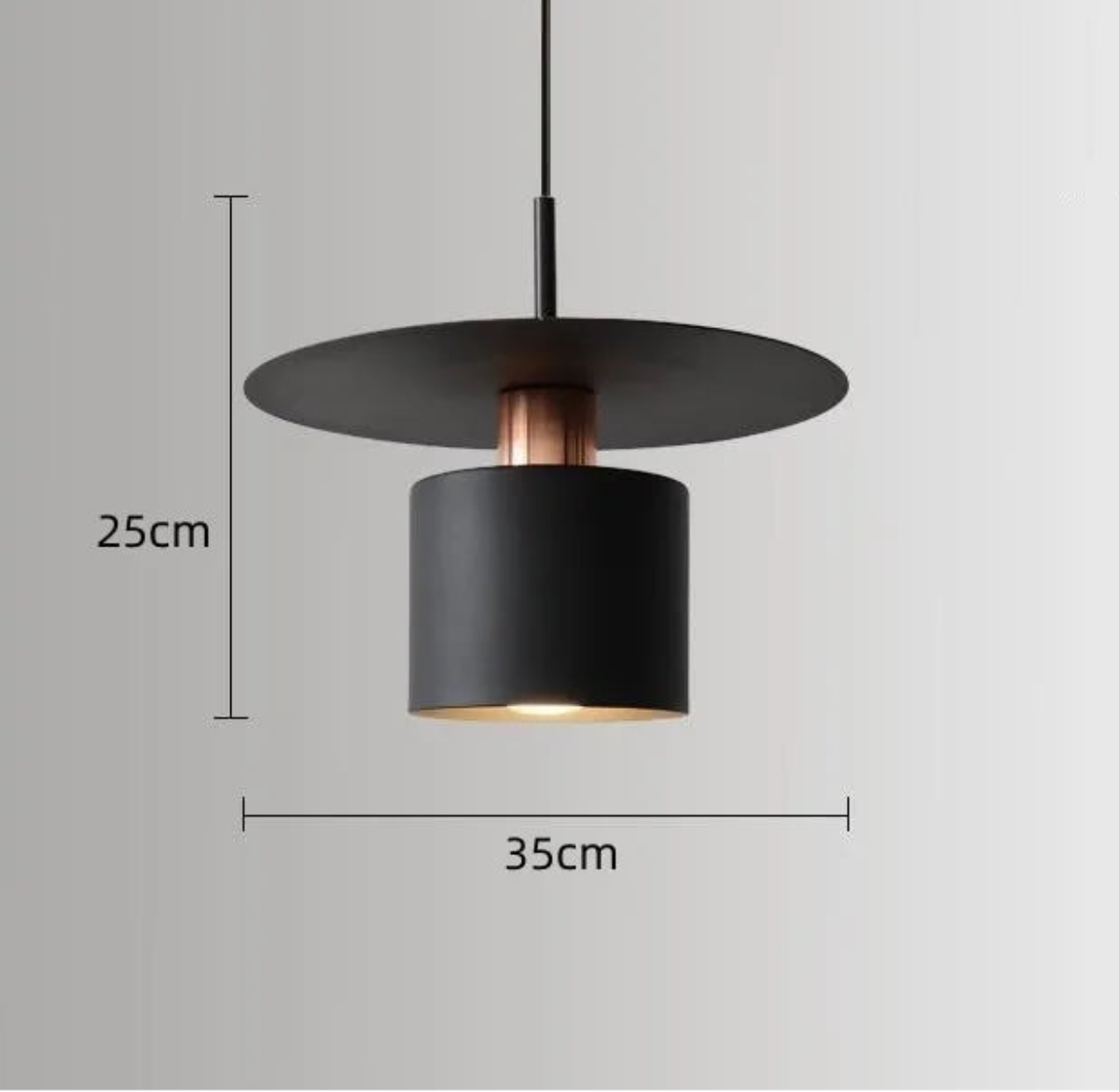 Aero Slim cylinder pendant light in matte black with wide flat disc shade and copper accent collar showing dimensions 25cm height by 35cm diameter on a neutral grey background — LivDecor
