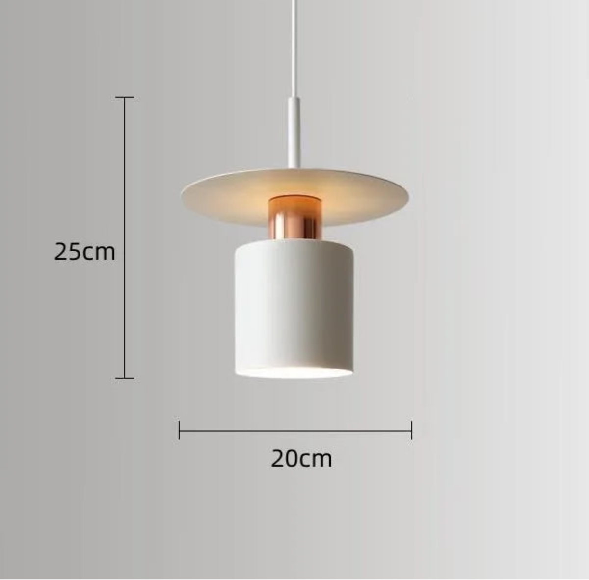 Aero Slim cylinder pendant light in matte white with wide flat disc shade and copper accent collar showing dimensions 25cm height by 20cm diameter on a neutral grey background — LivDecor
