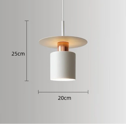 Aero Slim cylinder pendant light in matte white with wide flat disc shade and copper accent collar showing dimensions 25cm height by 20cm diameter on a neutral grey background — LivDecor
