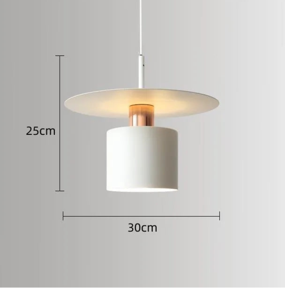 Aero Slim cylinder pendant light in matte white with wide flat disc shade and copper accent collar showing dimensions 25cm height by 30cm diameter on a neutral grey background — LivDecor
