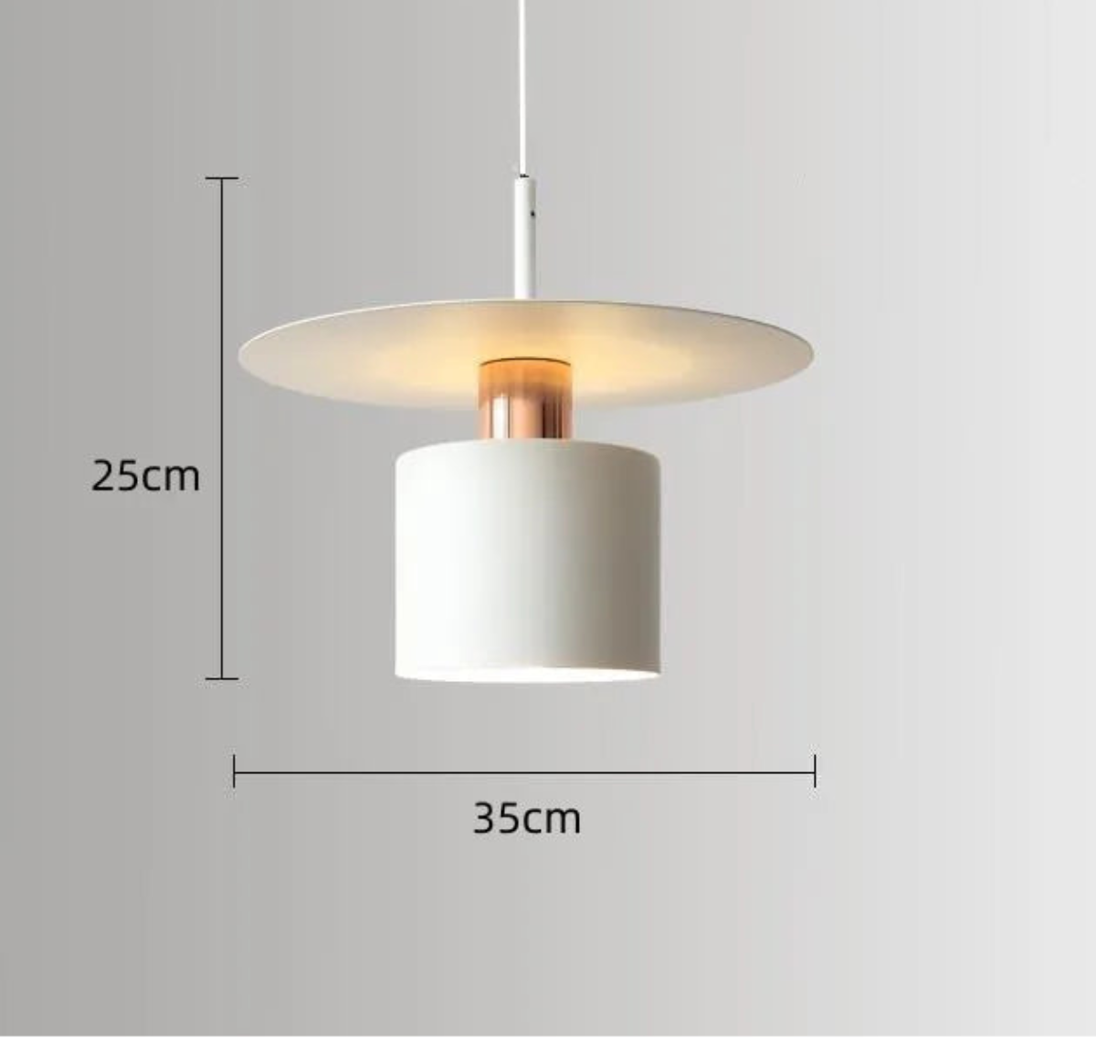 Aero Slim cylinder pendant light in matte white with wide flat disc shade and copper accent collar showing dimensions 25cm height by 35cm diameter on a neutral grey background — LivDecor
