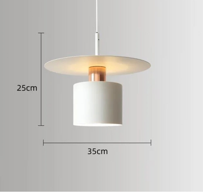 Aero Slim cylinder pendant light in matte white with wide flat disc shade and copper accent collar showing dimensions 25cm height by 35cm diameter on a neutral grey background — LivDecor
