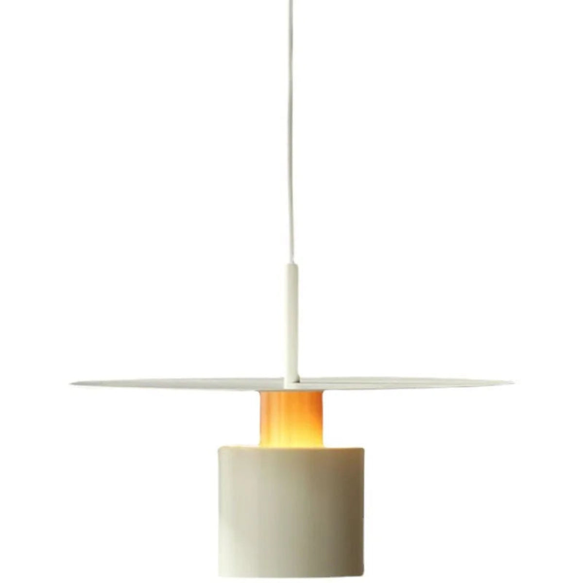 Aero Slim cylinder pendant light in matte white with warm amber copper accent collar illuminated on a pure white background showing disc shade and cylinder body — LivDecor
