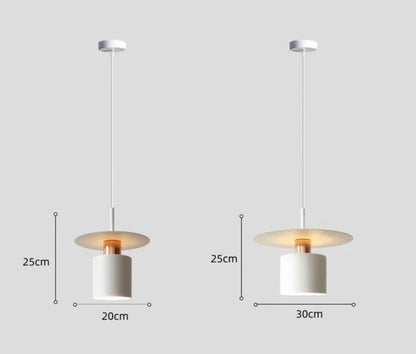 Aero Slim cylinder pendant light in matte white with copper accent side-by-side size comparison showing 20cm and 30cm diameter variants with full cord and ceiling rose on a neutral grey background — LivDecor
