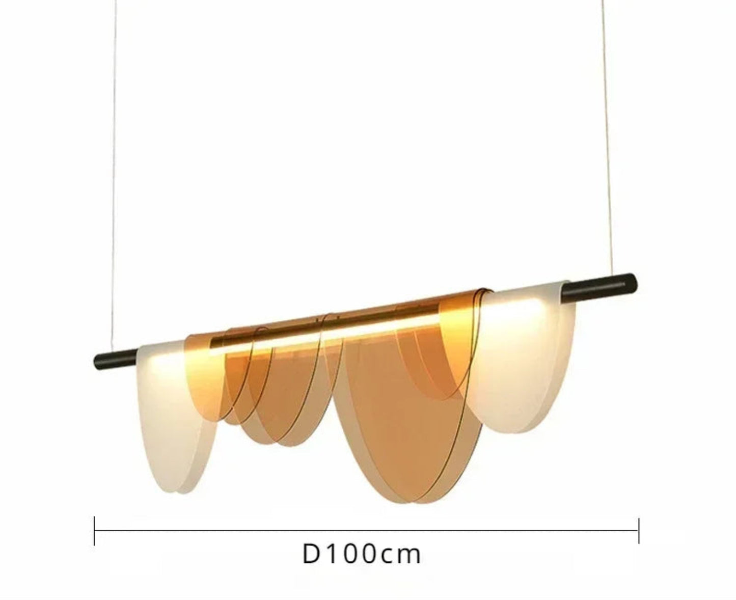 Amber acrylic petal pendant light measuring 100cm wide by 12cm deep by 25cm tall with a black hardware rod and LED dual color light source, shown on a white background with dimensions — LivDecor
