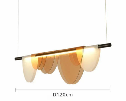 Amber acrylic petal pendant light measuring 120cm wide by 12cm deep by 26cm tall with a black hardware rod and LED dual color light source, shown on a white background with dimensions — LivDecor