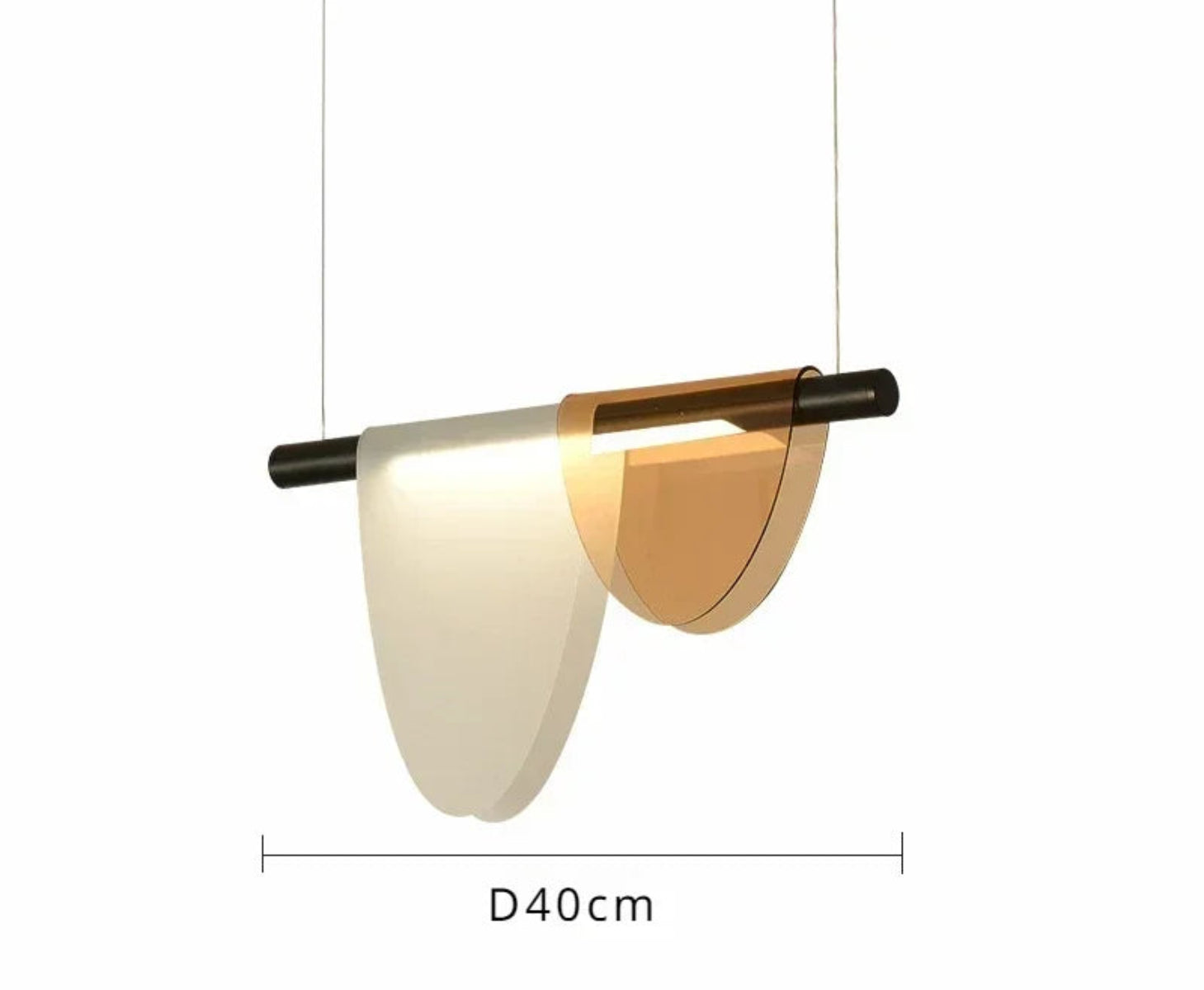 Amber acrylic petal pendant light measuring 40cm wide by 12cm deep by 26cm tall with a black hardware rod and LED dual color light source, shown on a white background with dimensions — LivDecor