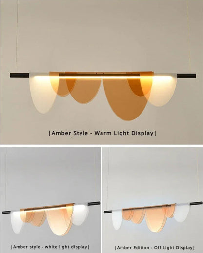 Amber acrylic petal pendant light shown in three light modes — warm light, cool white light, and off — suspended against a grey wall — LivDecor