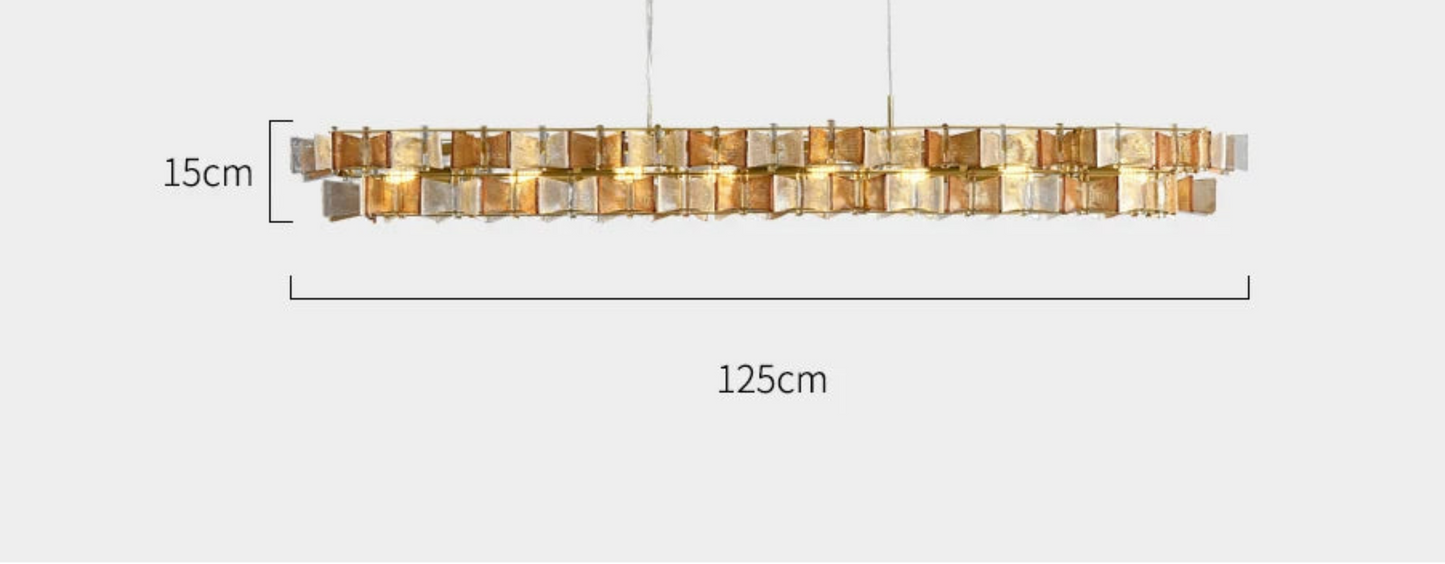 Amber and clear glass iron linear chandelier 125cm wide with gold ceiling mount and adjustable 180cm hanging cord shown with dimensions — LivDecor