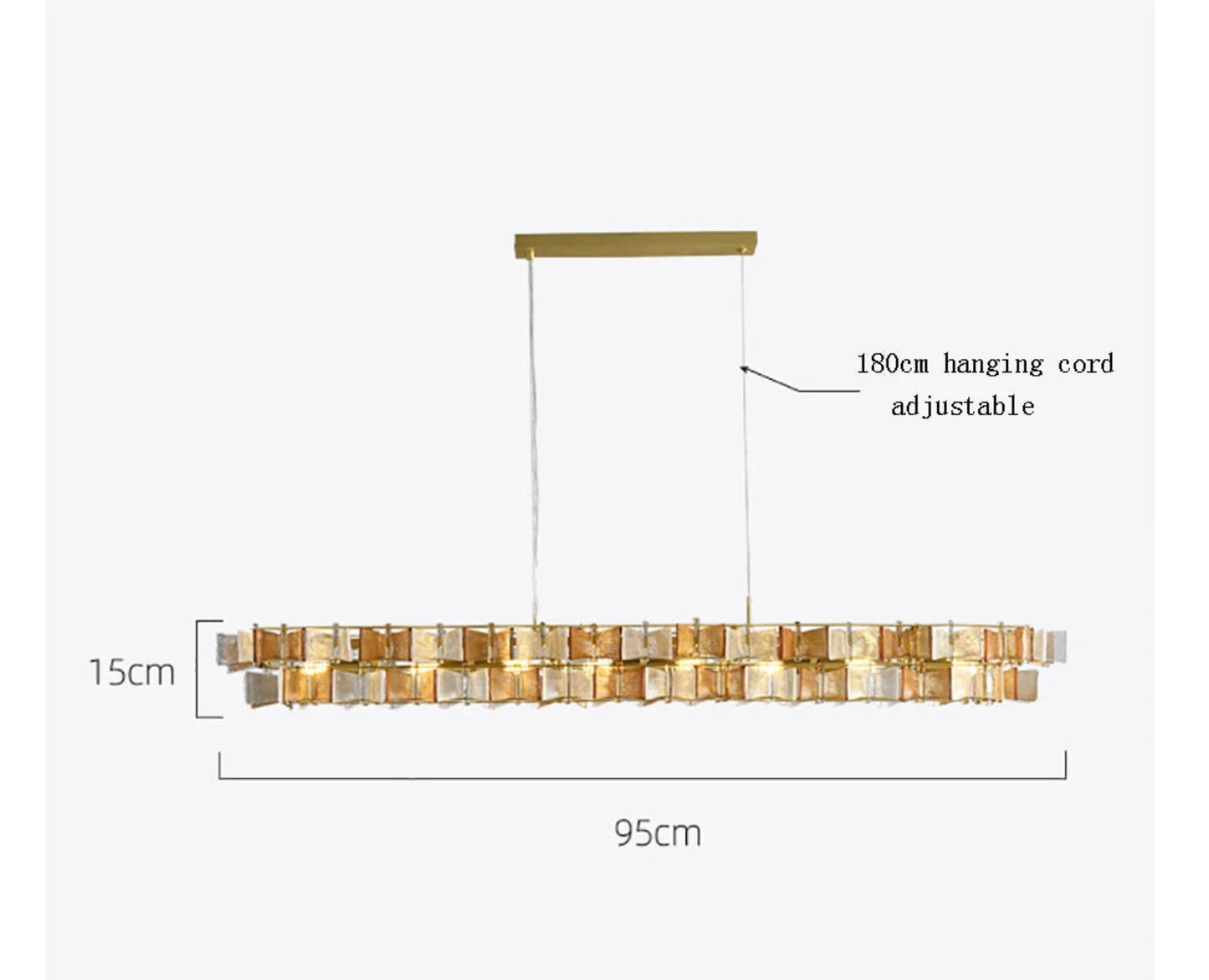Amber and clear ribbed glass iron linear chandelier 95cm wide and 15cm tall with gold rectangular ceiling mount and 180cm adjustable hanging cord shown with dimensions — LivDecor

