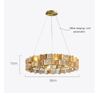 Amber and clear ribbed glass iron round chandelier 58cm diameter and 15cm tall with gold circular ceiling mount and 180cm adjustable hanging cord shown with dimensions — LivDecor
