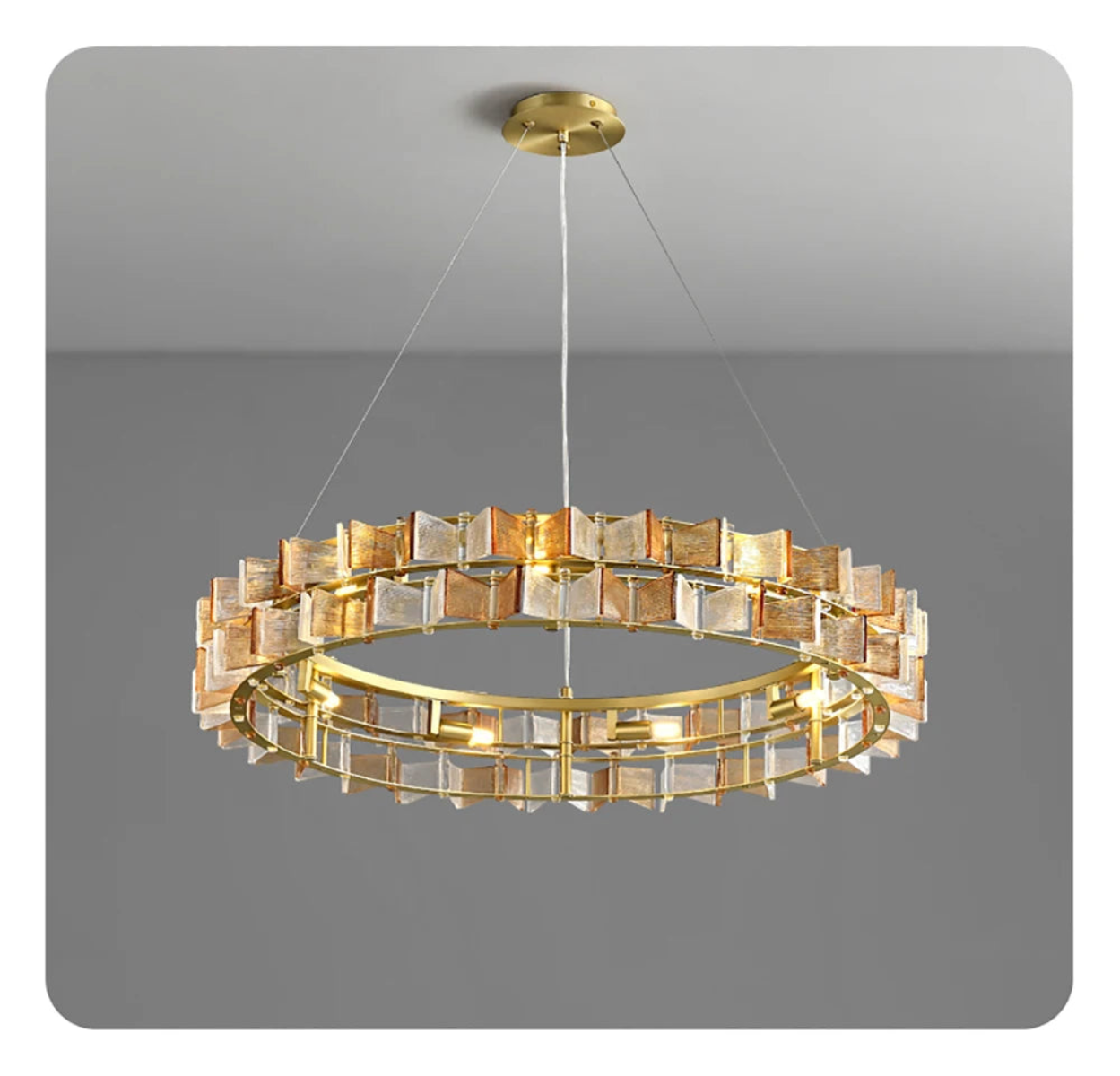 Amber and clear ribbed glass iron round chandelier 78cm diameter with gold circular ring frame and ceiling mount displayed against a neutral grey gradient background — LivDecor