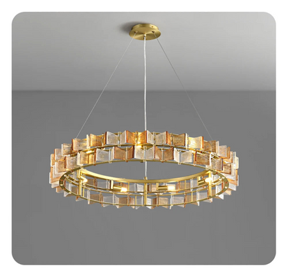 Amber and clear ribbed glass iron round chandelier 78cm diameter with gold circular ring frame and ceiling mount displayed against a neutral grey gradient background — LivDecor