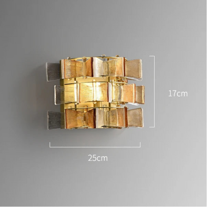 Amber and clear glass iron wall sconce 25cm wide and 17cm tall with gold frame shown with dimensions and G9 light source specifications — LivDecor
