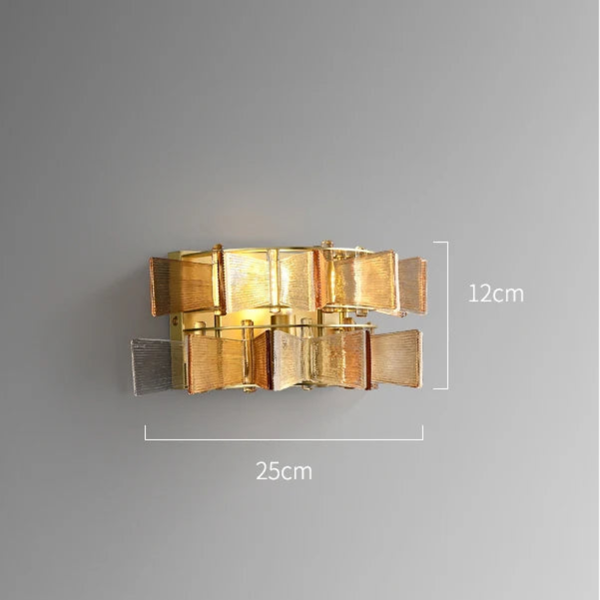 Amber and clear glass iron wall sconce 25cm wide and 12cm tall with gold frame shown with dimensions and G9 light source specification — LivDecor