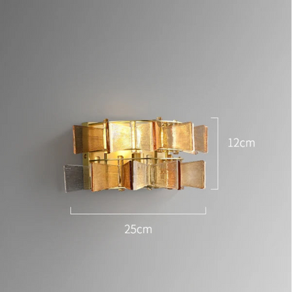 Amber and clear glass iron wall sconce 25cm wide and 12cm tall with gold frame shown with dimensions and G9 light source specification — LivDecor