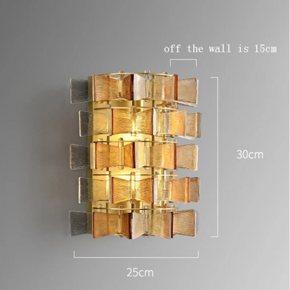 Amber and clear glass iron wall sconce 25cm wide and 30cm tall with gold frame shown with dimensions — LivDecor