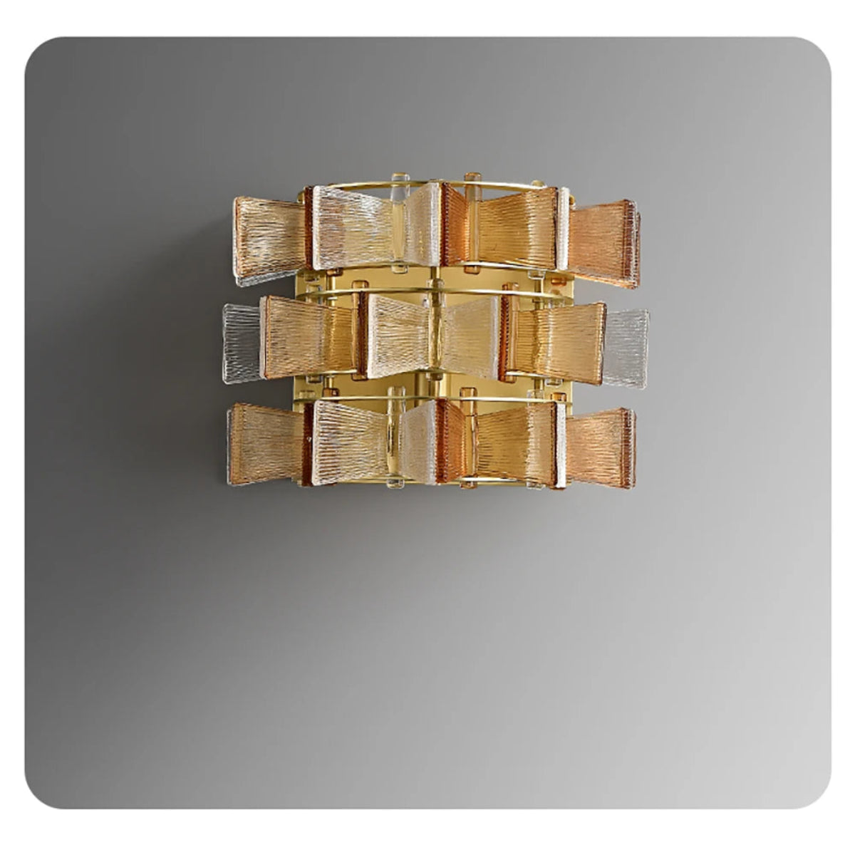 Amber and clear ribbed glass iron wall sconce in medium size with three-tier gold frame displayed against a neutral grey background — LivDecor