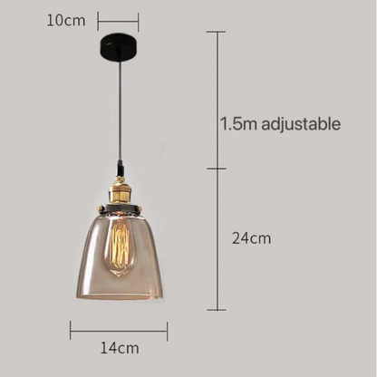Amber glass bell-shaped pendant light with brass Edison bulb fitting and black cord, showing dimensions of 14cm width and 24cm drop with 1.5m adjustable cord on a grey background — LivDecor