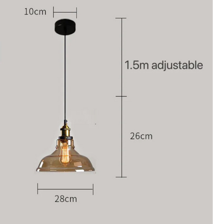 Amber glass dome pendant light with brass Edison bulb fitting and black cord, showing dimensions of 28cm width and 26cm drop with 1.5m adjustable cord on a grey background — LivDecor