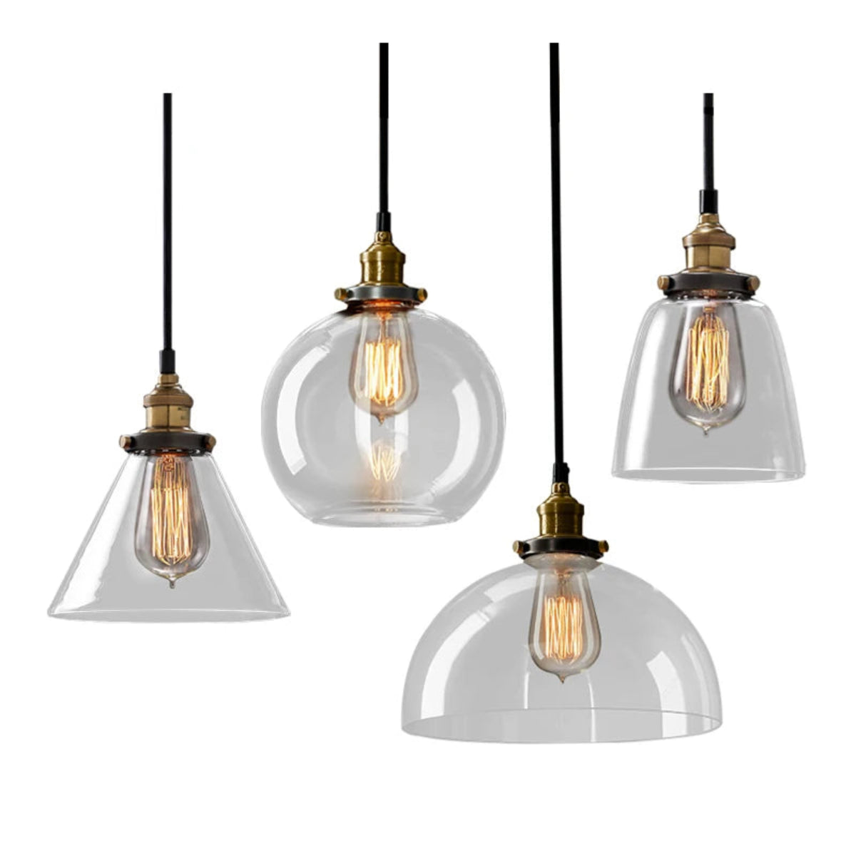 Four clear glass pendant lights — cone, globe, bell, and dome styles — with antique brass sockets and Edison filament bulbs on black cords against a white background — LivDecor
