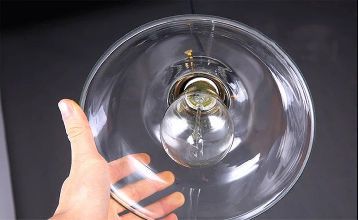 Hand holding a clear glass dome pendant light shade showing interior glass quality and antique brass socket detail — LivDecor
