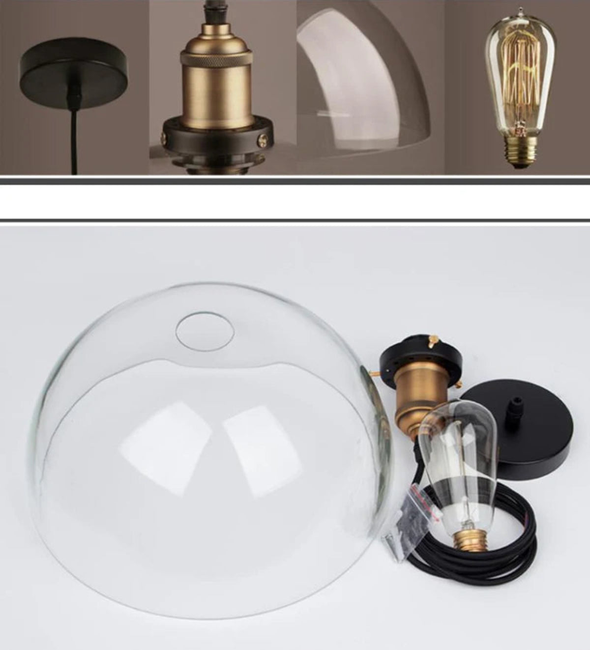 Clear glass dome pendant light unboxed showing all components — glass dome shade, antique brass socket, matte black canopy plate, black cord, and Edison filament bulb — LivDecor
