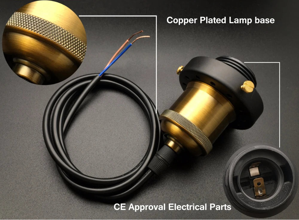 Close-up detail of copper plated antique brass lamp base socket with black cord and CE approved electrical parts for pendant light — LivDecor
